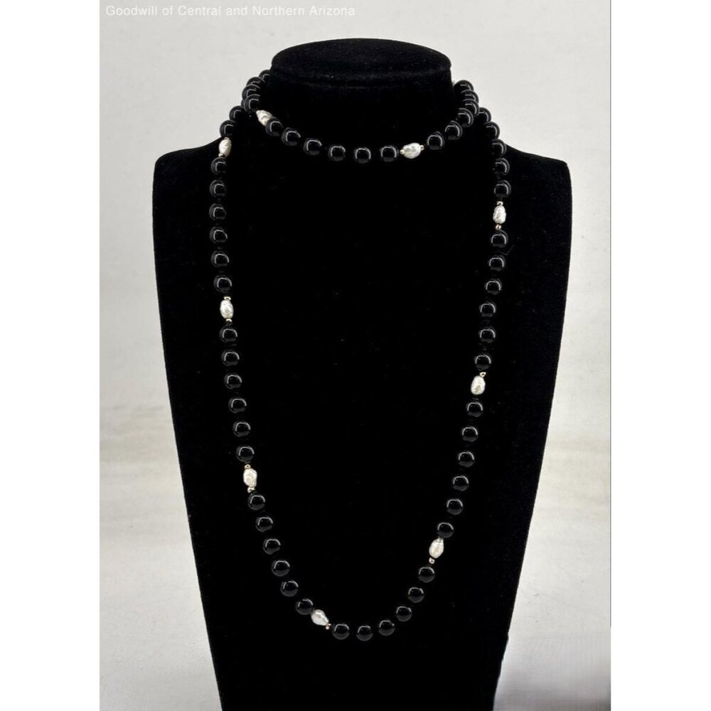 14K Yellow Gold 30" Onyx Pearl Beaded Necklace 58g Missing 3 Beads